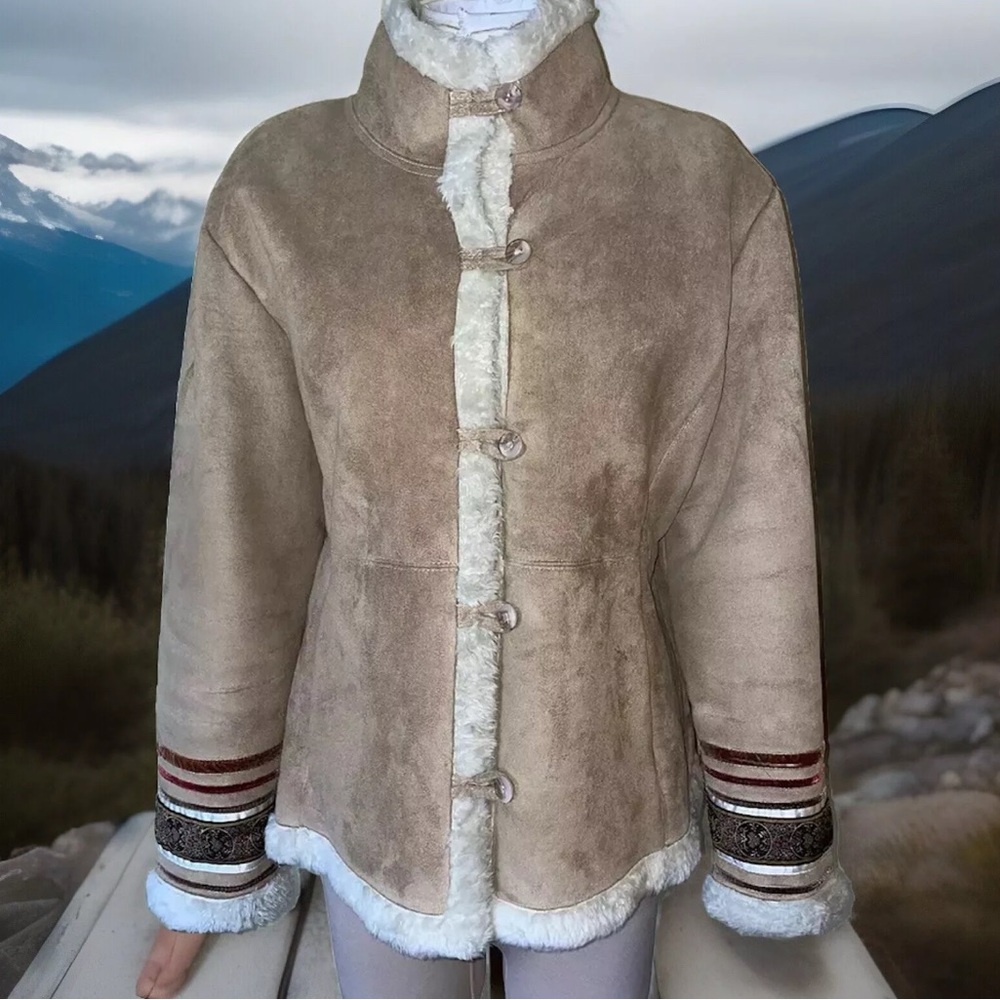 Coldwater Creek Tan Faux Suede Faux Fur Embellished Tapestry Sleeve Coat